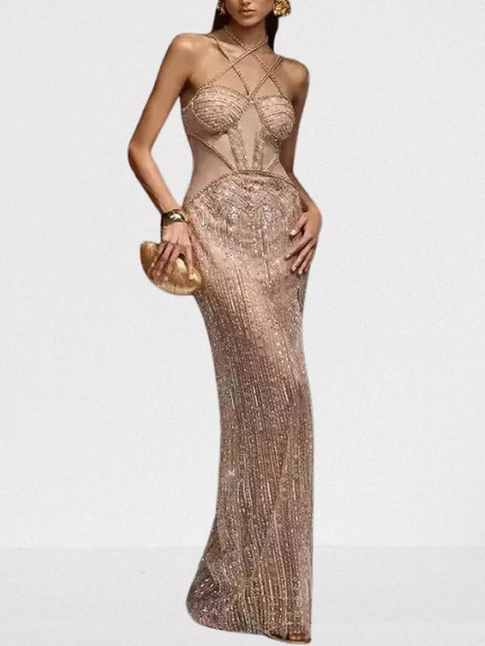 Embellished Bustier Halter Maxi Dress in Beige