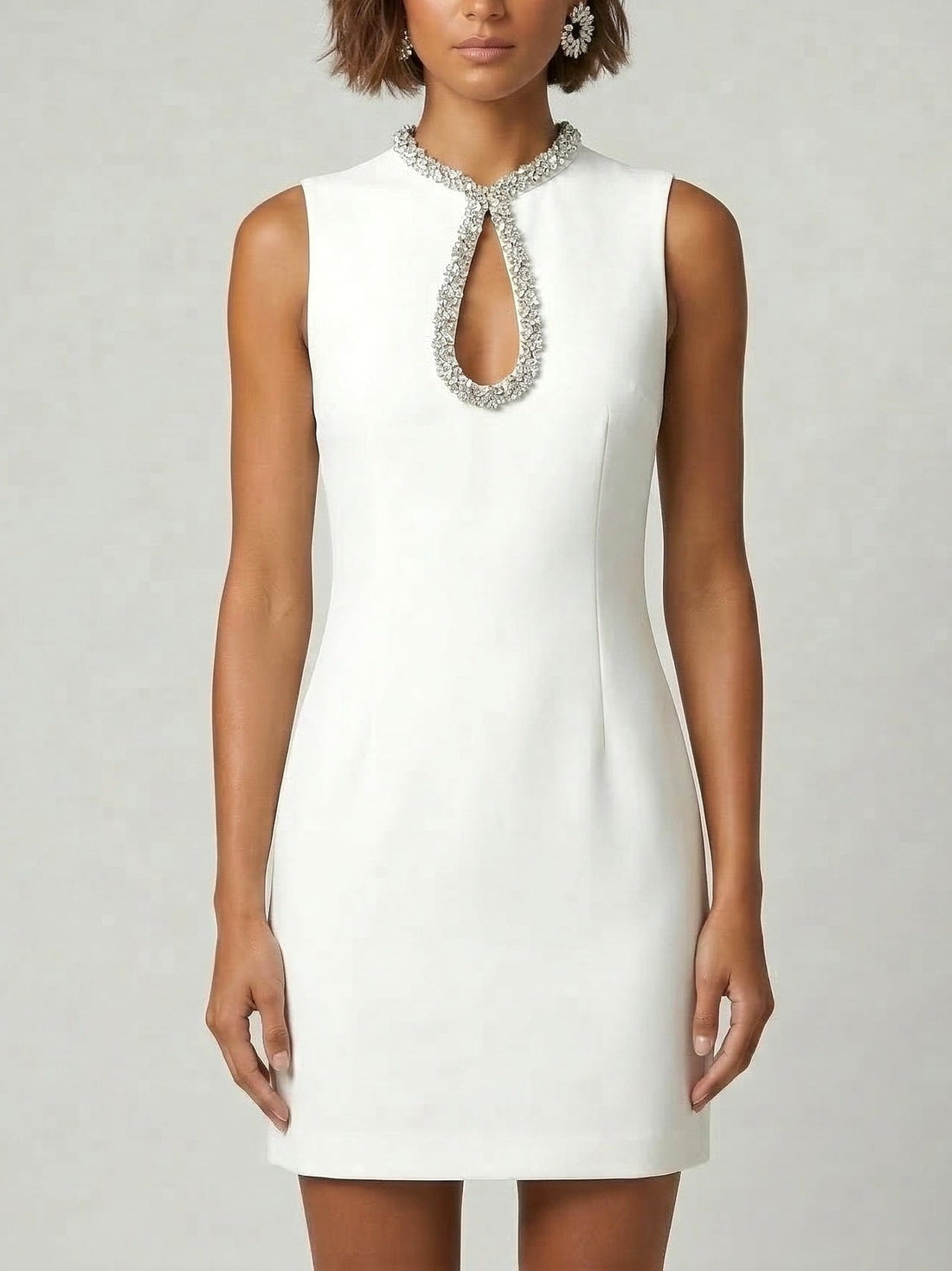 Embellished Keyhole Collar Sleeveless Mini Dress
