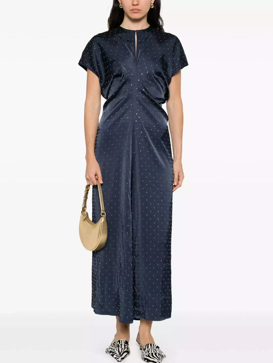 Eyelet Satin Short-Sleeve Dress in Navy Blue