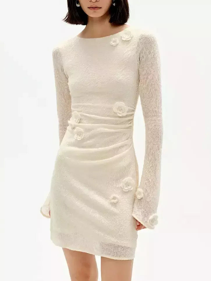 Floral Appliqued Wool-Blend Mini Dress