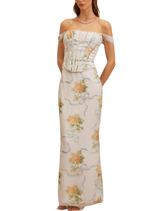 Toile de Jouy Print Mid-Length Skirt in White and AquamarineGreen