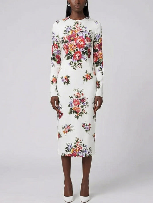 Floral Silk Long Sleeve Midi Dress in White