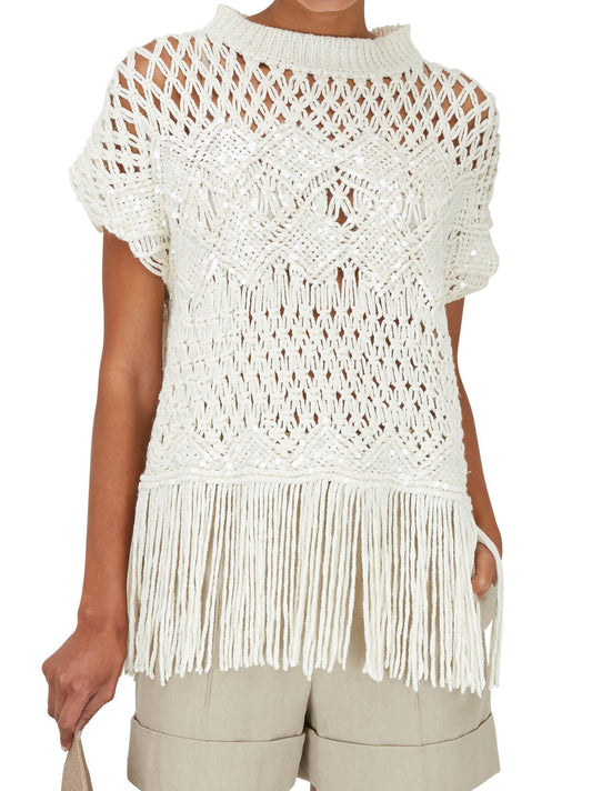 Fringed Knit Short-Sleeve Sweater