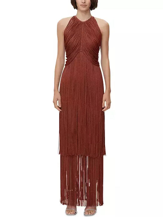 Fringed Sleeveless Bandage Dress in Rusty Red