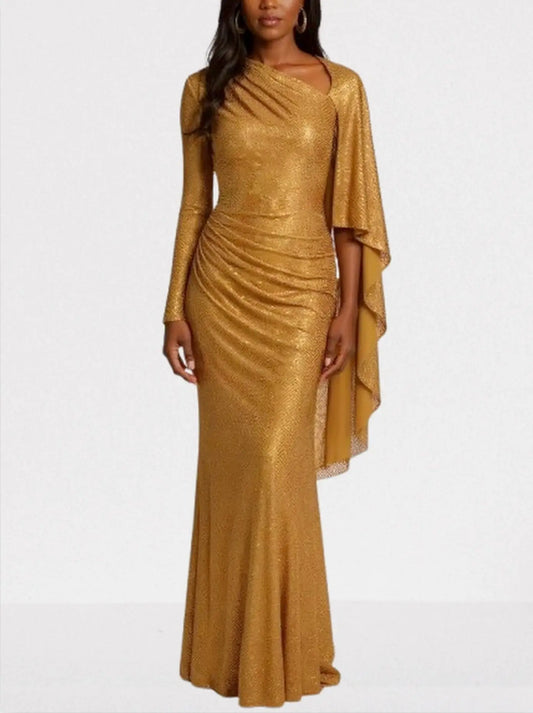 “Gold crystal-embellished cape-sleeve gown for weddings and formal events