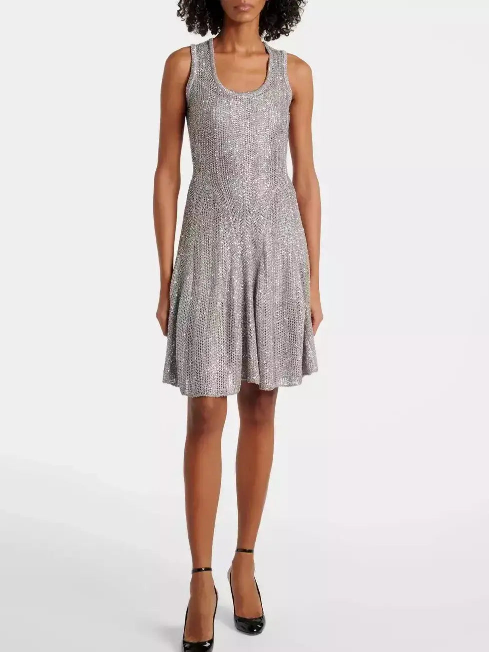 Grey Sequin Knit Fit and Flare Mini Dress