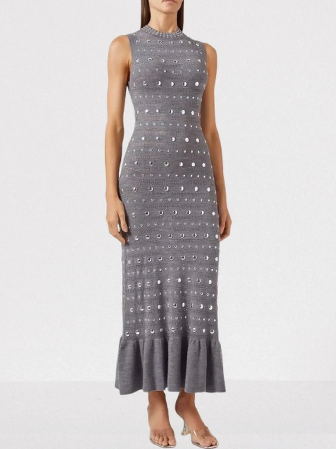 Jewel Embellished Cady Mini Dress in Beige