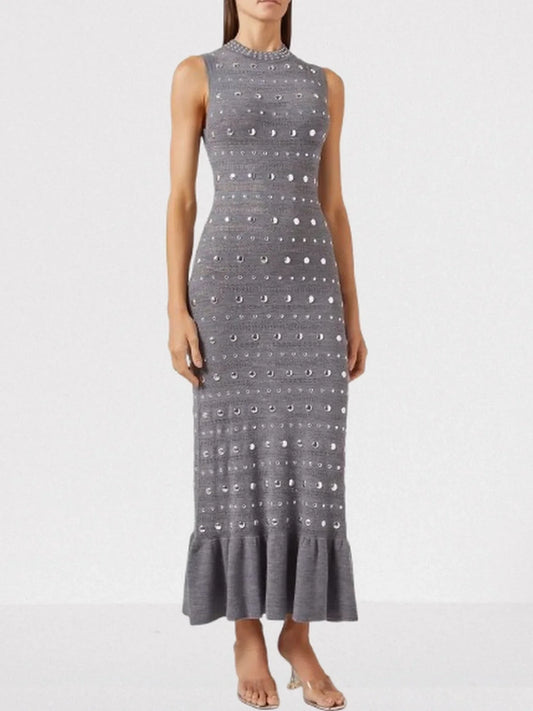 Jewel Embellished Cady Mini Dress in Beige