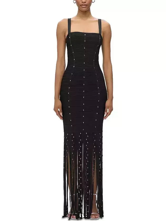 Long Black Crystal-Embellished Dress with Tassels