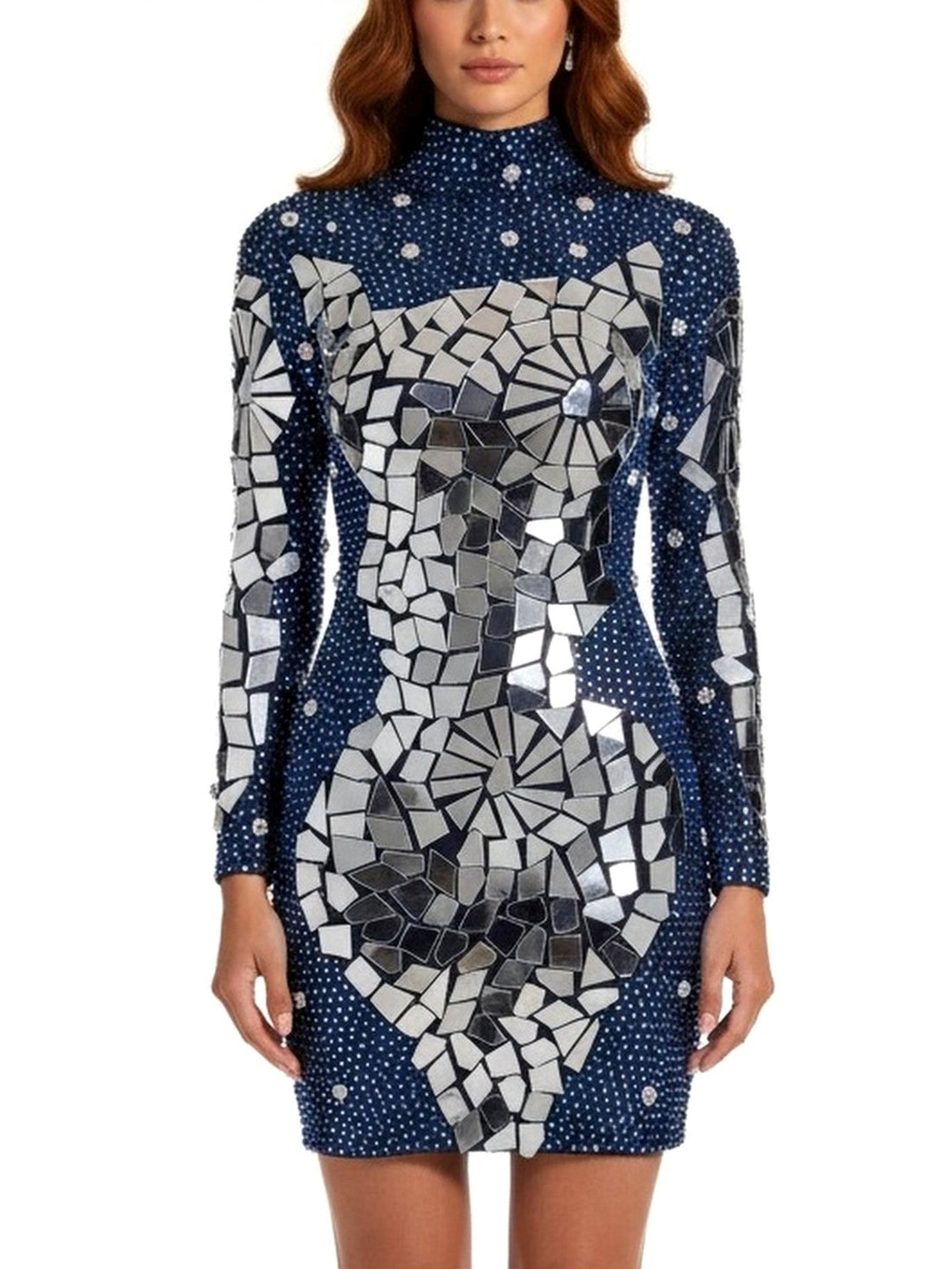 Dressing for Impact After Dark - Mirror-Appliqué Crystal-Embellished Sheer Mini Dress