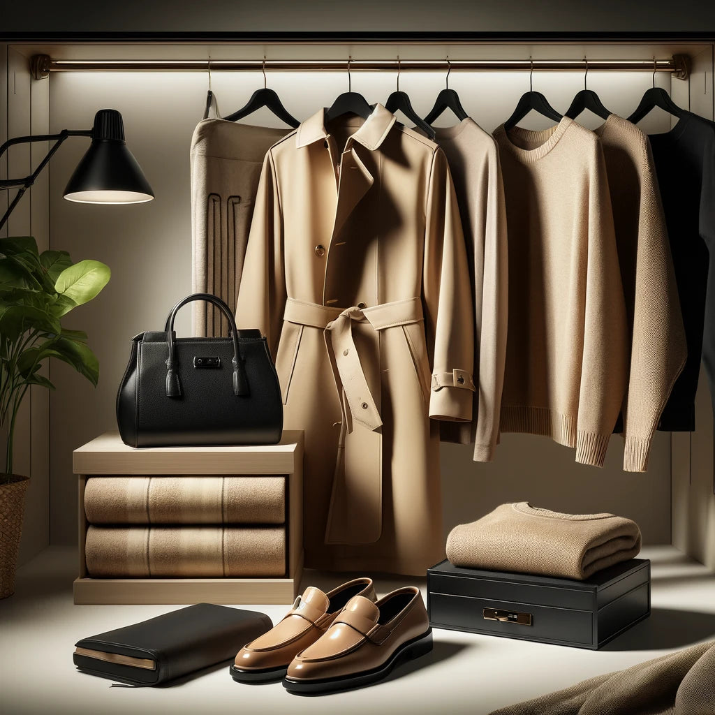 Beige clothing and accessories, including Branna Couture coats and structured leather tote.