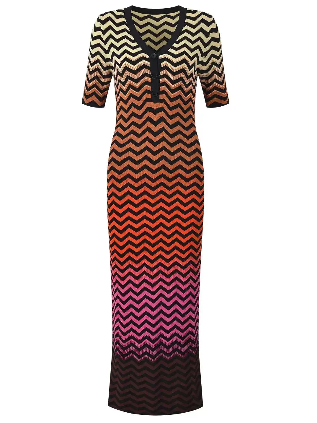 Multicolored zigzag knit midi dress with V-neckline