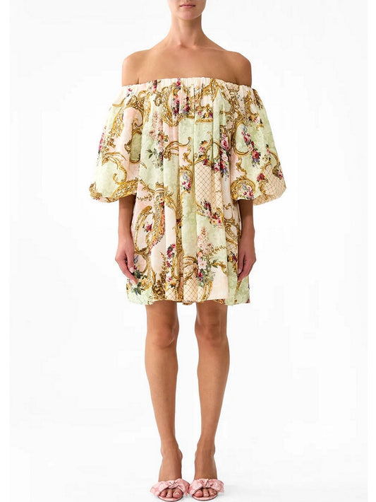 Off-Shoulder Puff-Sleeve Dress in Framed Floral Print