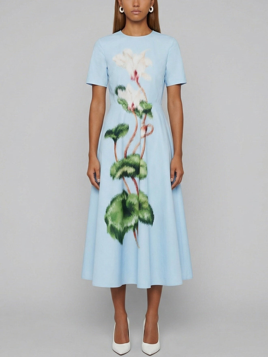 Painterly Botanical Panel Midi Dress in Light Blue