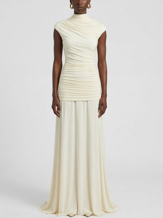 Ruched High-Neck Draped Jersey Gown