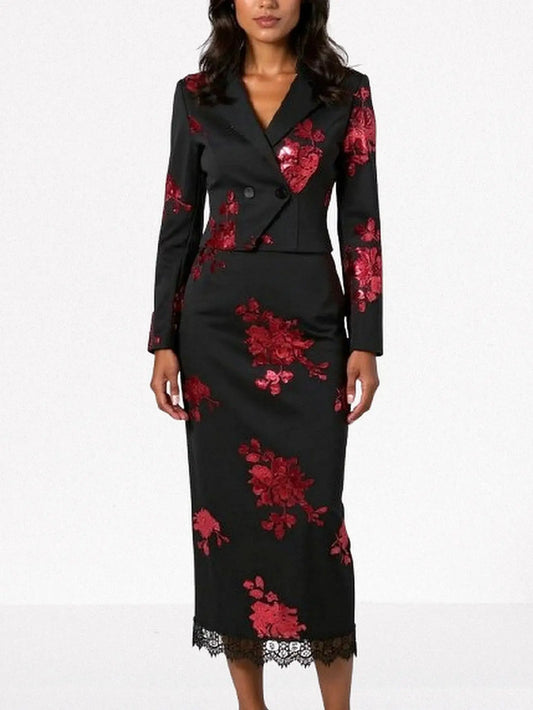 “Black cropped blazer and pencil skirt set with red floral sequin embellishments and lace-trim hem