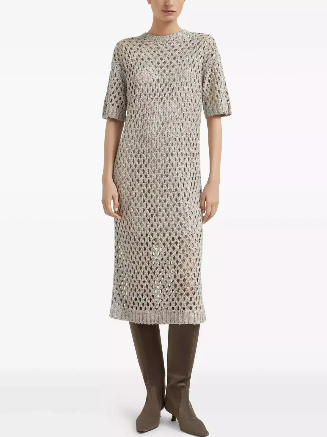 Short-Sleeve Net Knit Midi Dress