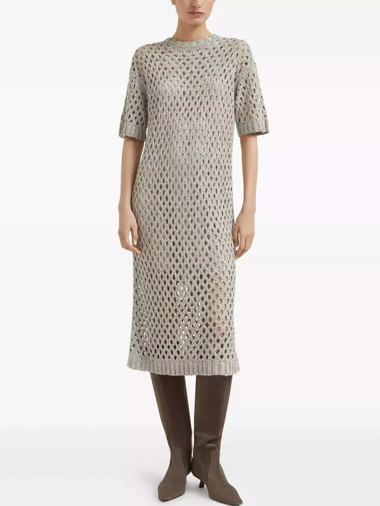 Short-Sleeve Net Knit Midi Dress