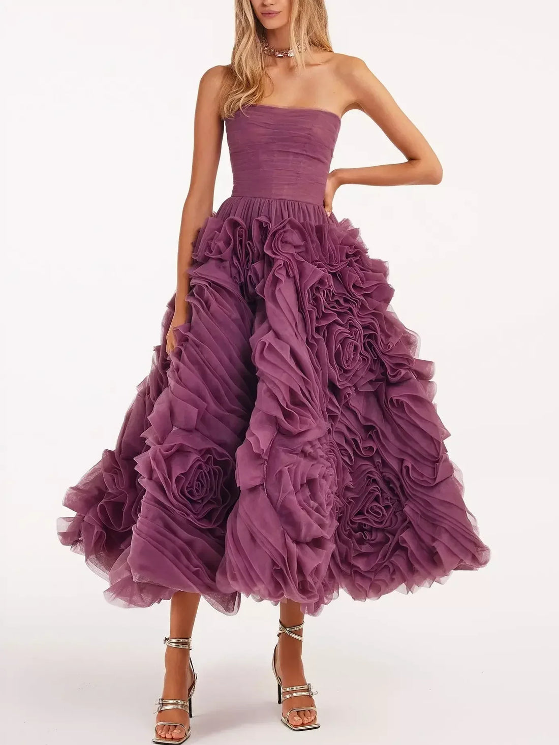 Strapless Purple 3D Floral Tulle Dress