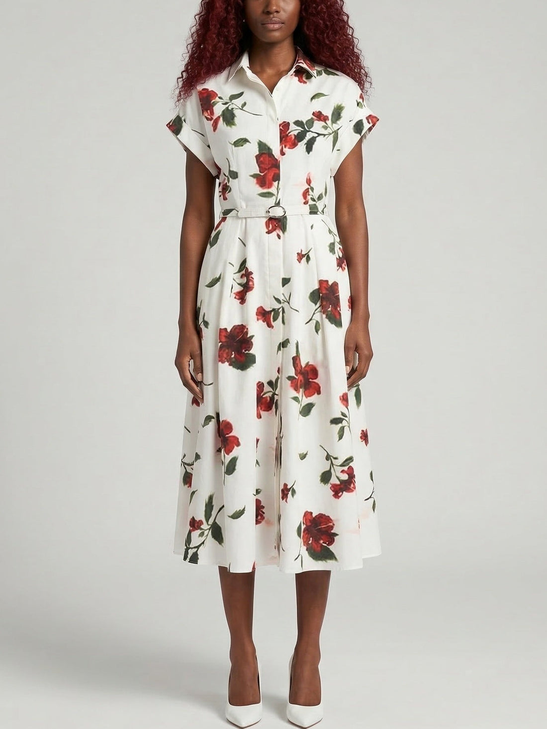 White Floral Print Belted Midi Shirt Dress