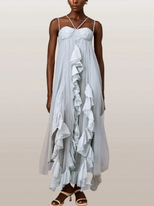 Asymmetrical Ruffled Tulle Bralette Dress in Light Blue