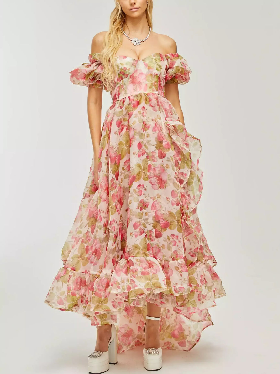 Rose-Applique Crop Top and Mini Skirt Set in Yellow