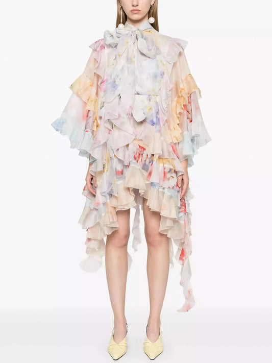 Asymmetric Blue Draped Crepe Maxi Dress