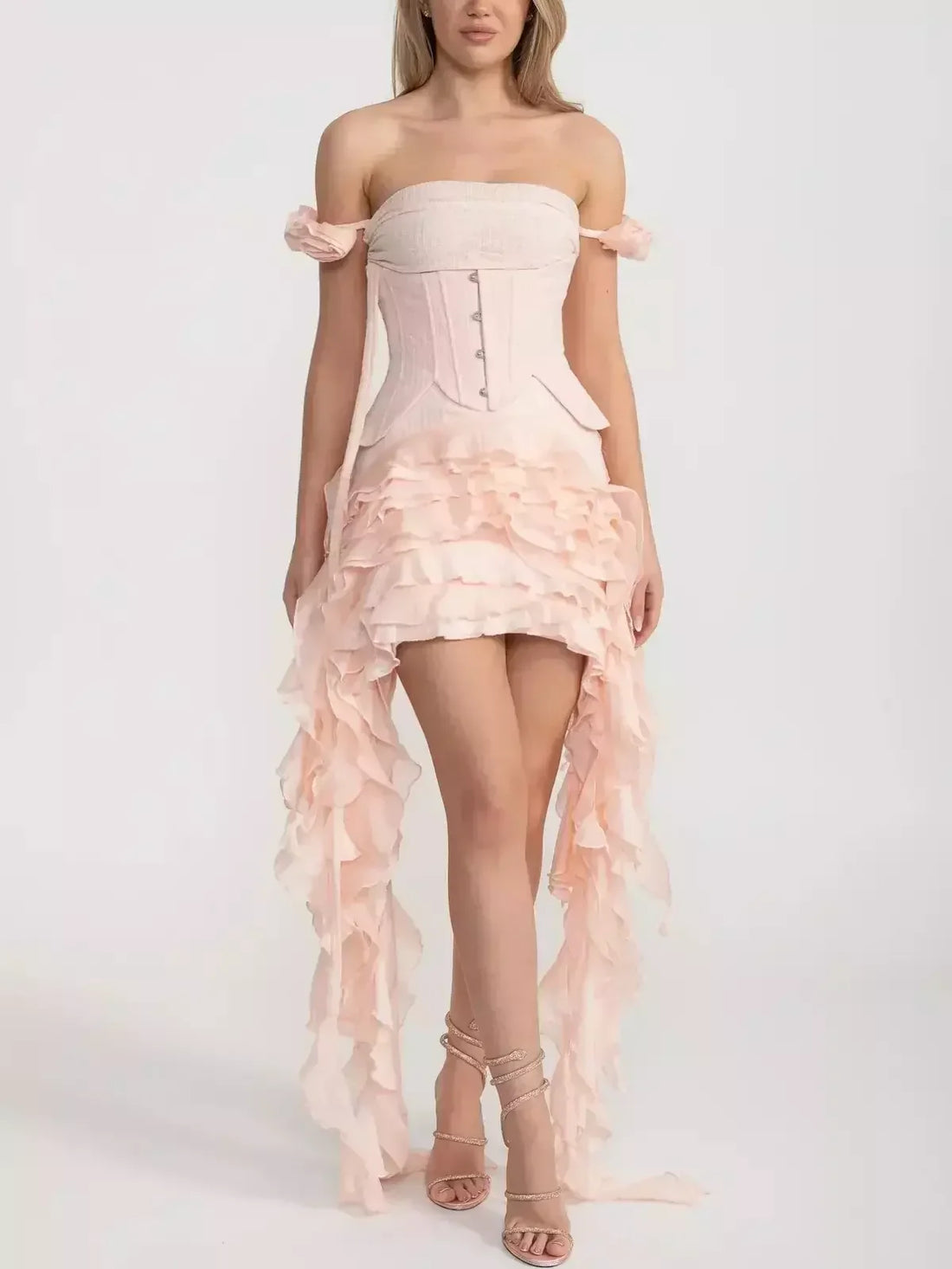 Asymmetrical Tiered Ruffled Corset Mini Dress in Soft Pink