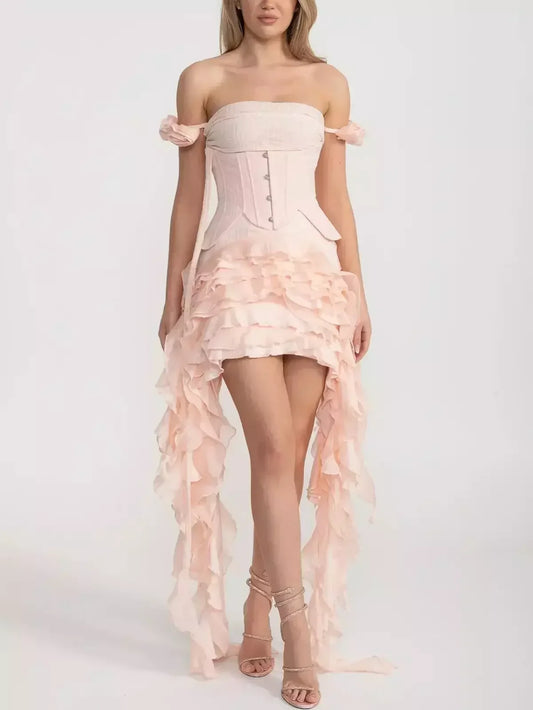 Asymmetrical Tiered Ruffled Corset Mini Dress in Soft Pink