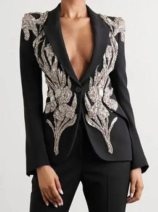 Blue Fringed Rhinestone-Embellished Mesh Bodysuit