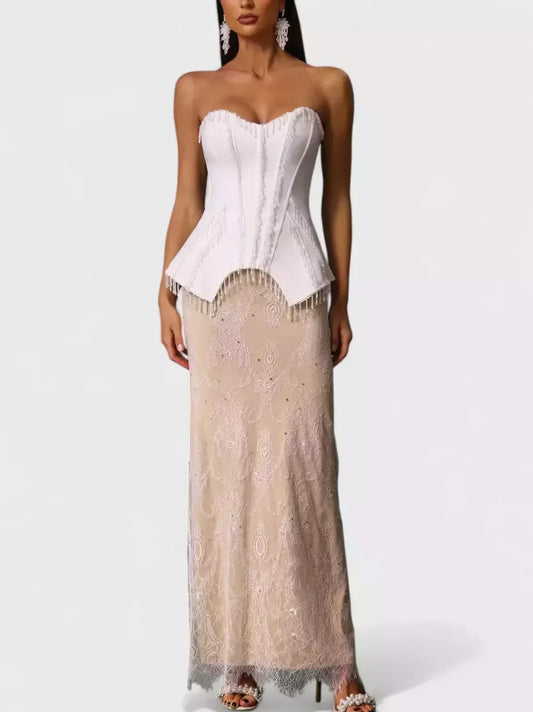 Beaded Strapless Corset Lace Gown