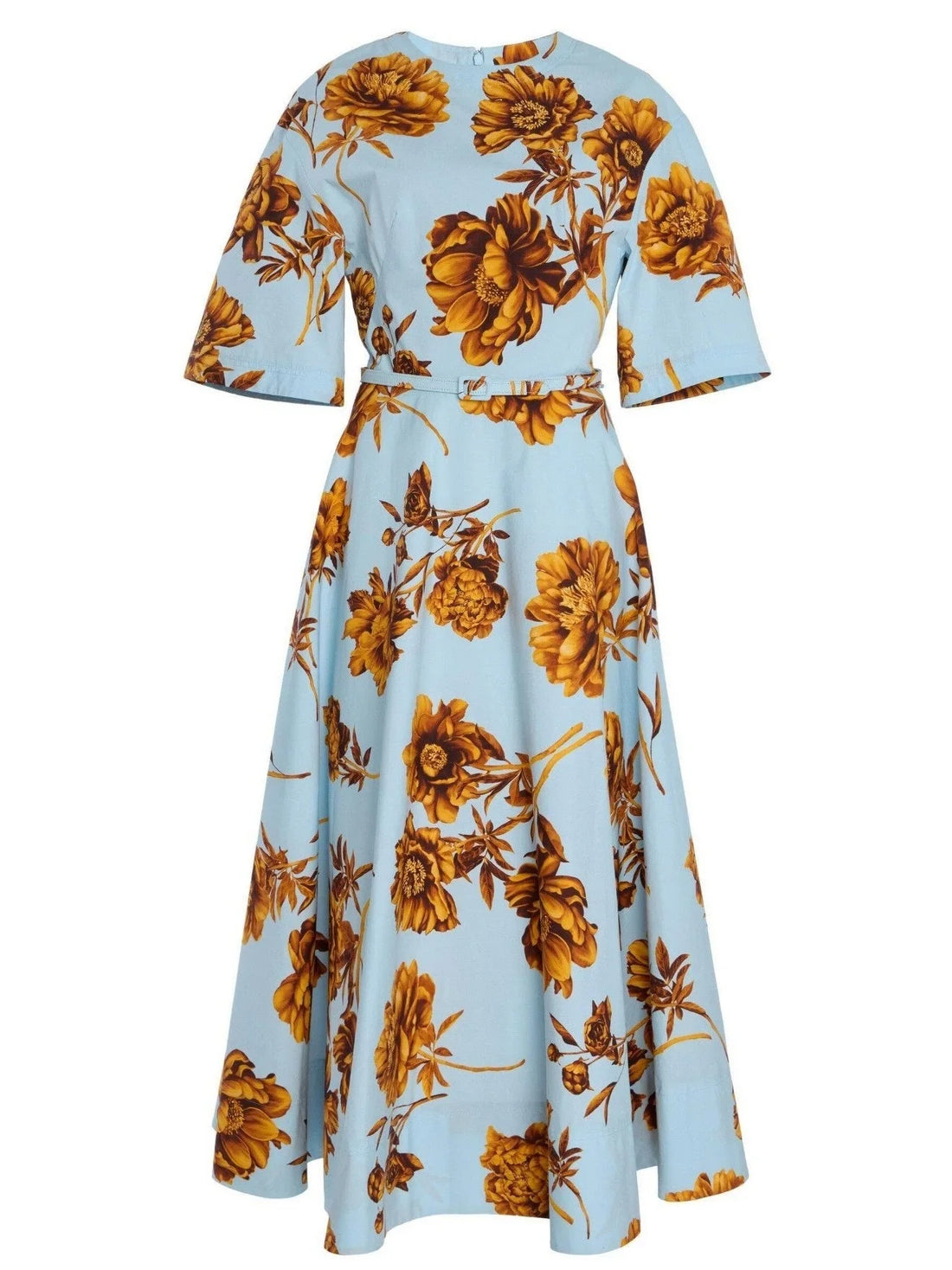 Belted Contrast Floral Printed A-Line Midi Dress