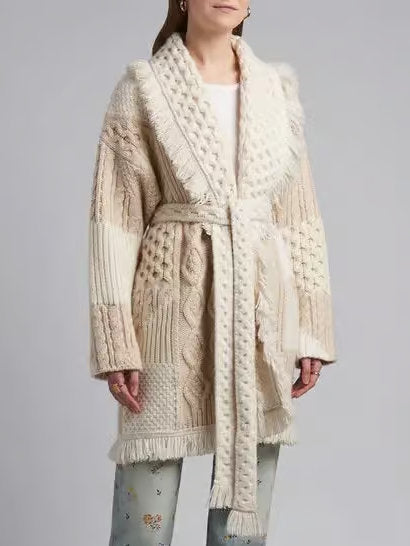 Belted Fringed Patch Work Long Knit Cardigan