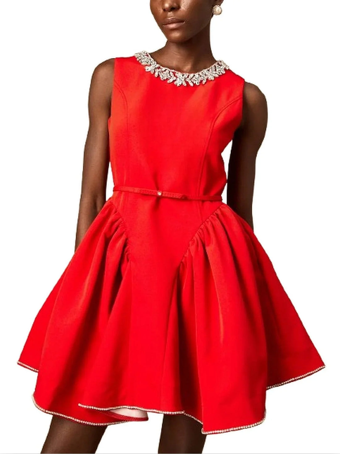 Belted Red Pleated Paneled Flared Mini Dress