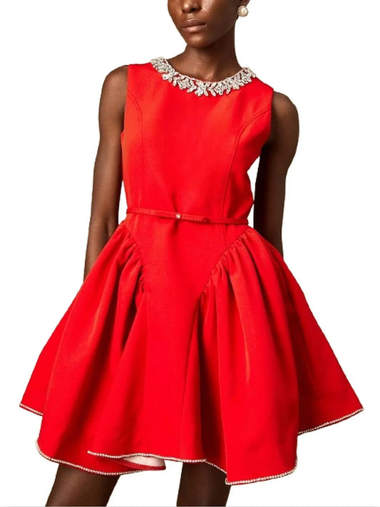Belted Red Pleated Paneled Flared Mini Dress