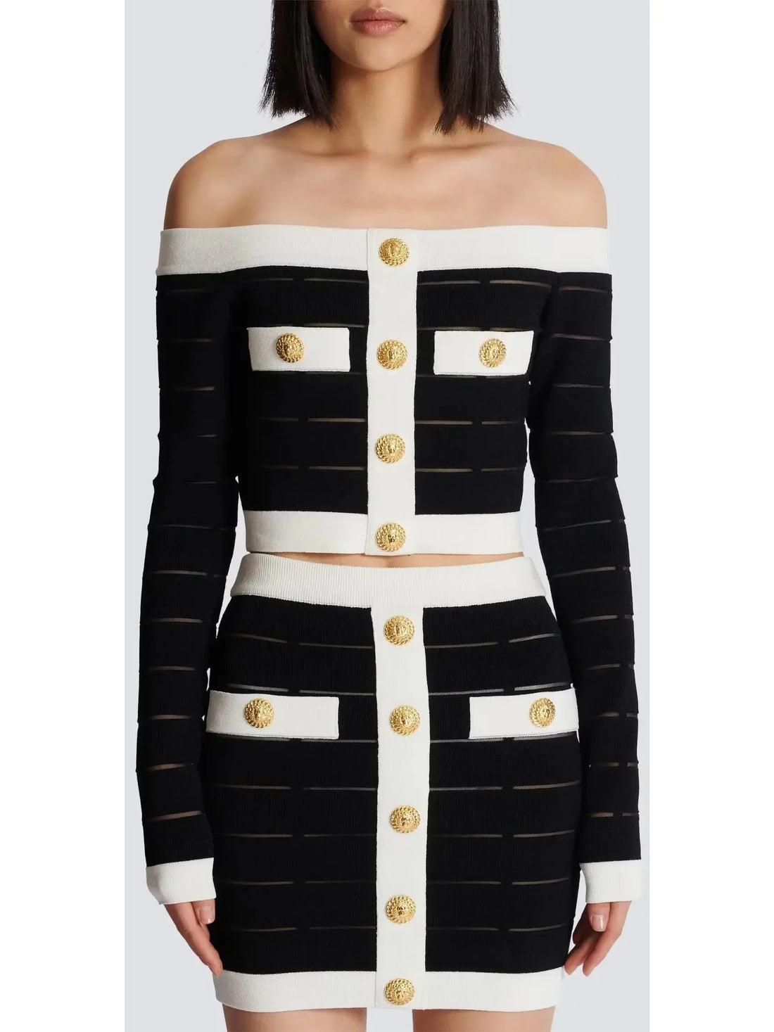 Black and White Pleated Striped Knit Skirt