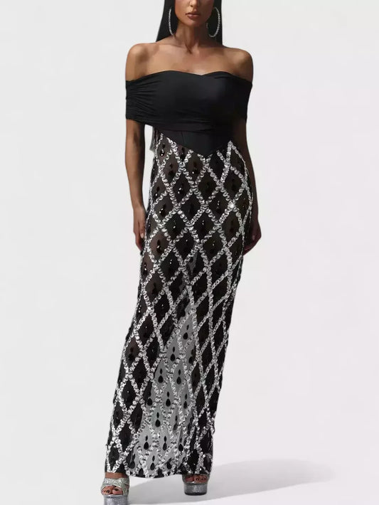 Black Off-The-Shoulder Stretch Embellished Maxi Dress