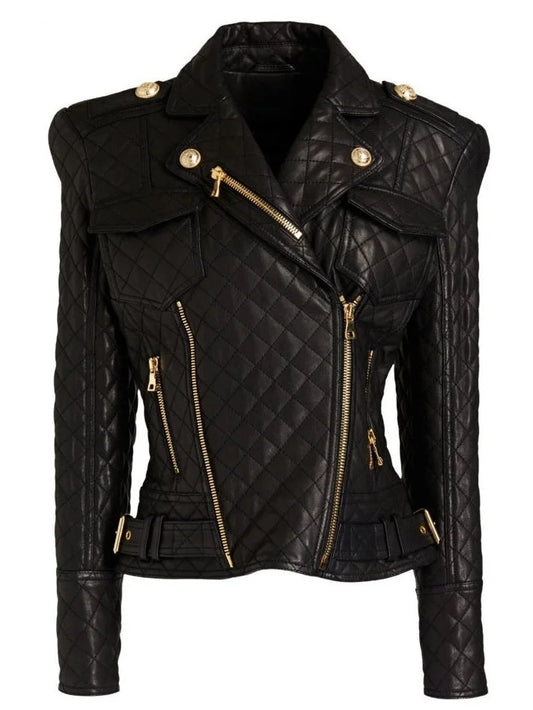 Black Quilted Leather Jacket with Gold Details