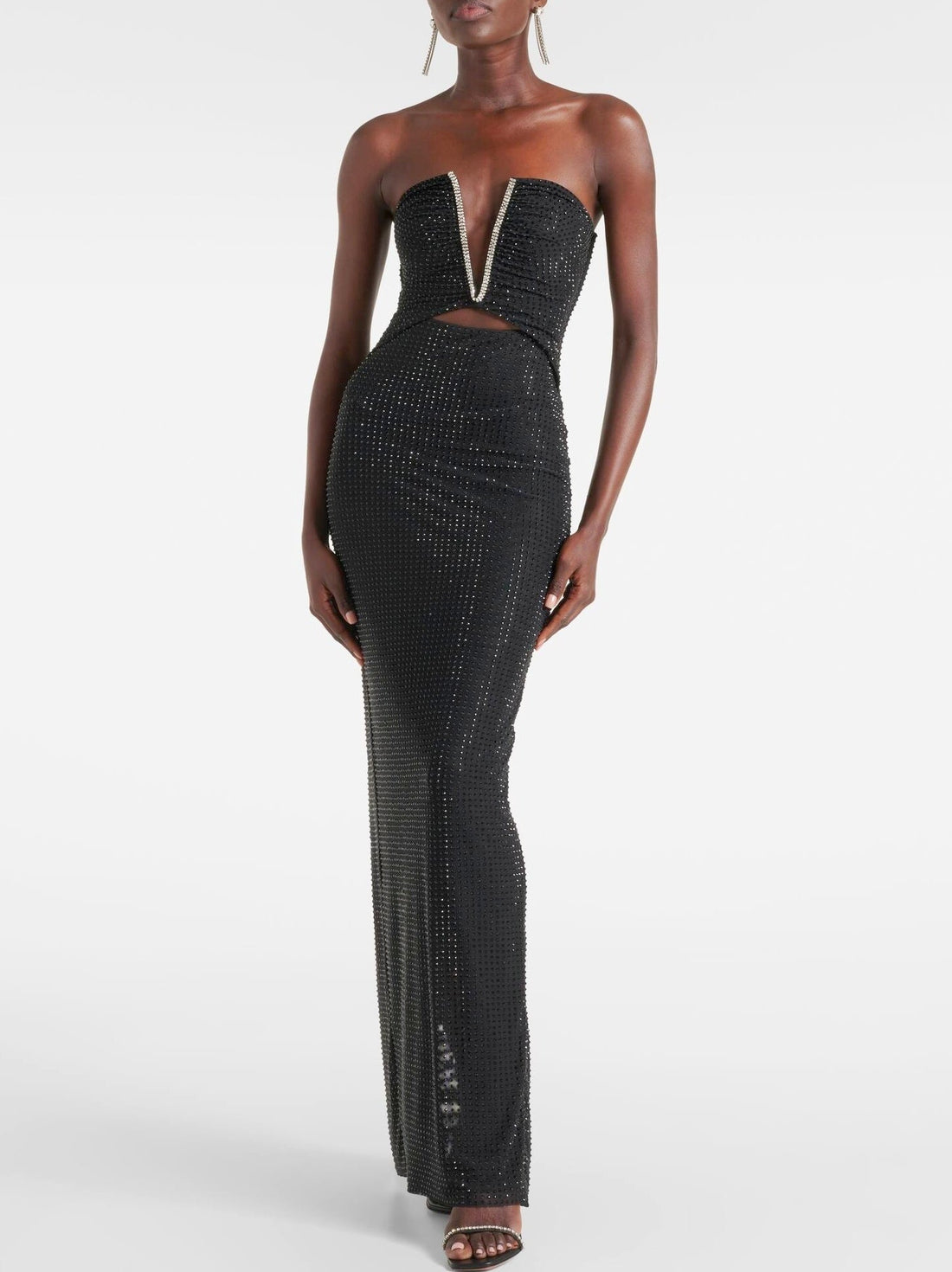 Asymmetrical Black V-Neck Stretch Rhinestone Dress