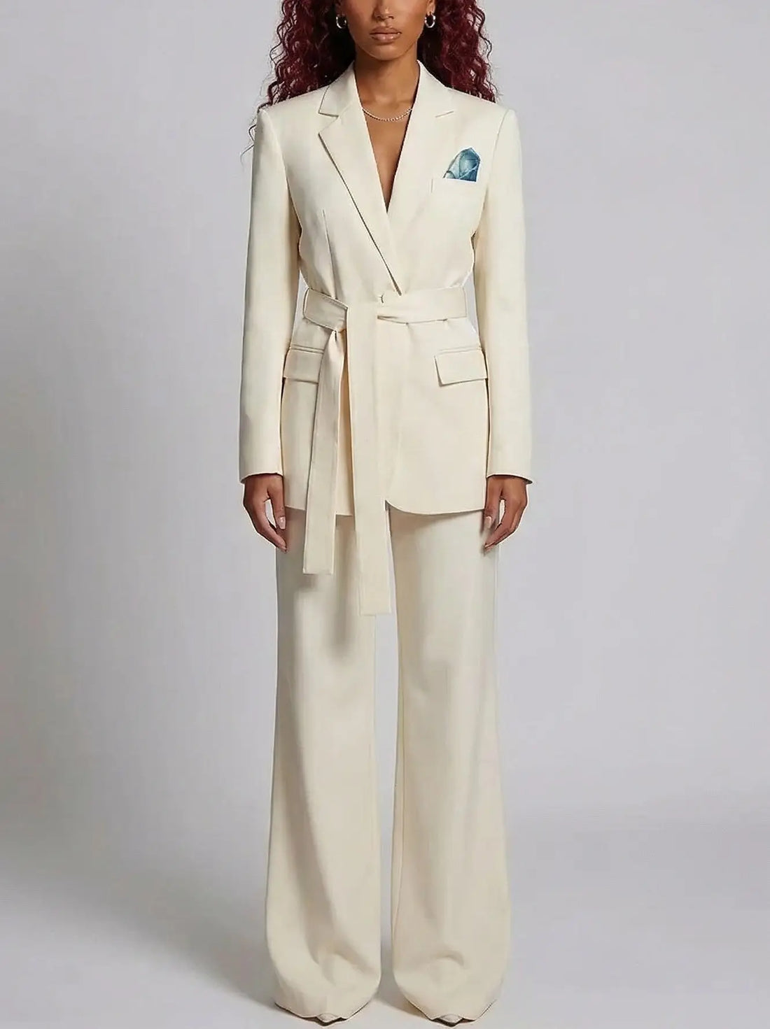 Belted Blazer and Wide-Leg Pant Suit in Cream
