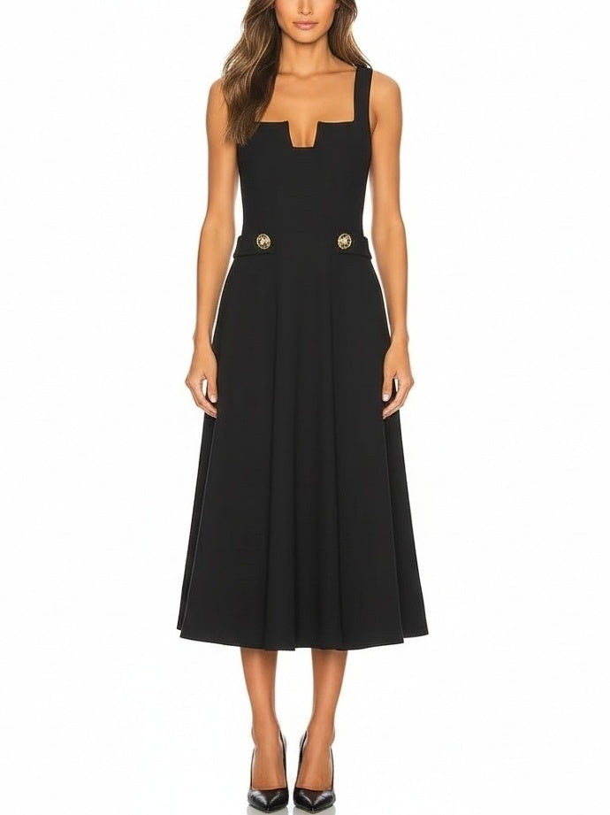 Black Wool Midi Dress with Gold Button Waist