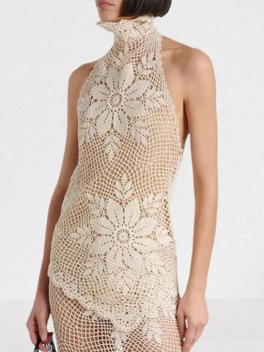 Open Weave & Crochet Knits: Airflow Is Everything - Asymmetrical Floral Crochet Cotton Halter Top 