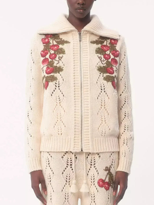 Floral-Embroidered Oversize Wool Coat with Fur Cuffs