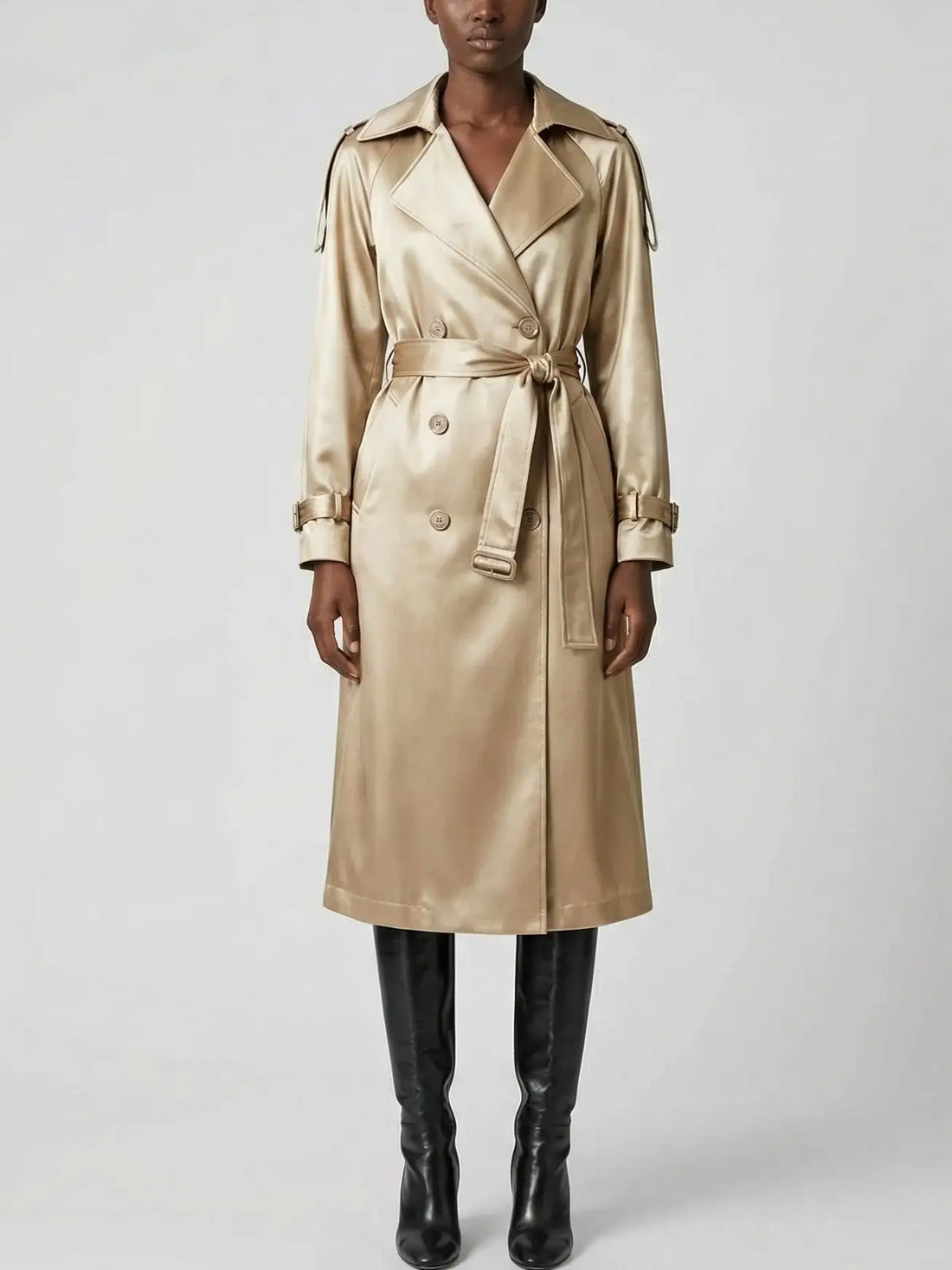 Belted Gold Satin Double-Breasted Trench Coat