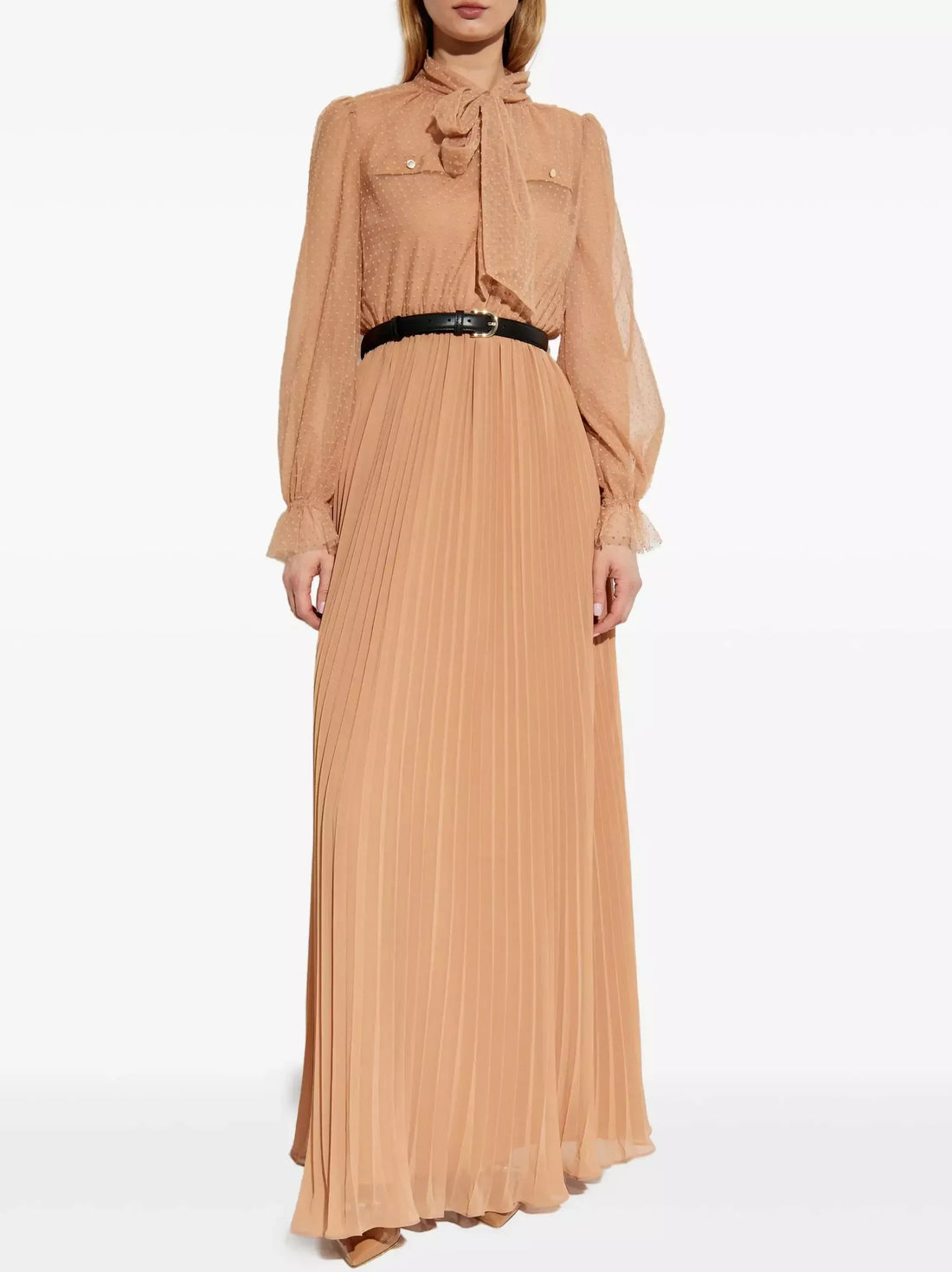 Dotted Mesh Gown with Neck-Tie