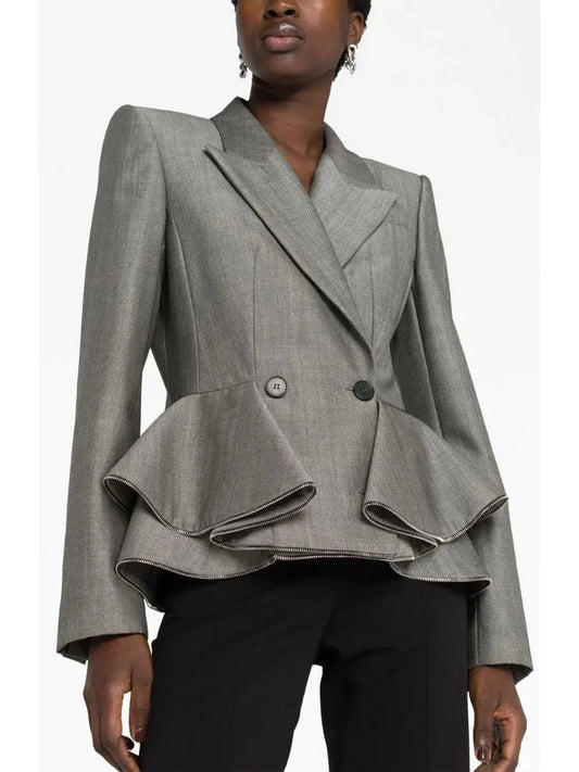 Double-Breasted Peplum Blazer in Gray with Zipper Trim