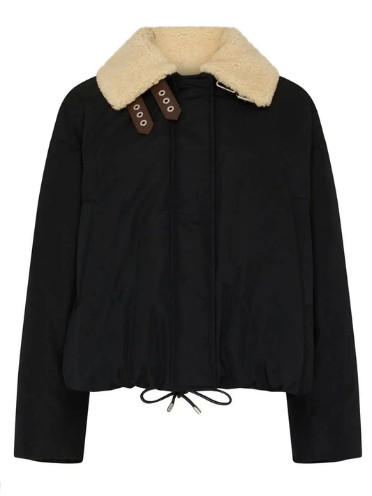 Quilted V-Neck Short Down Coat with Drawstring Waist