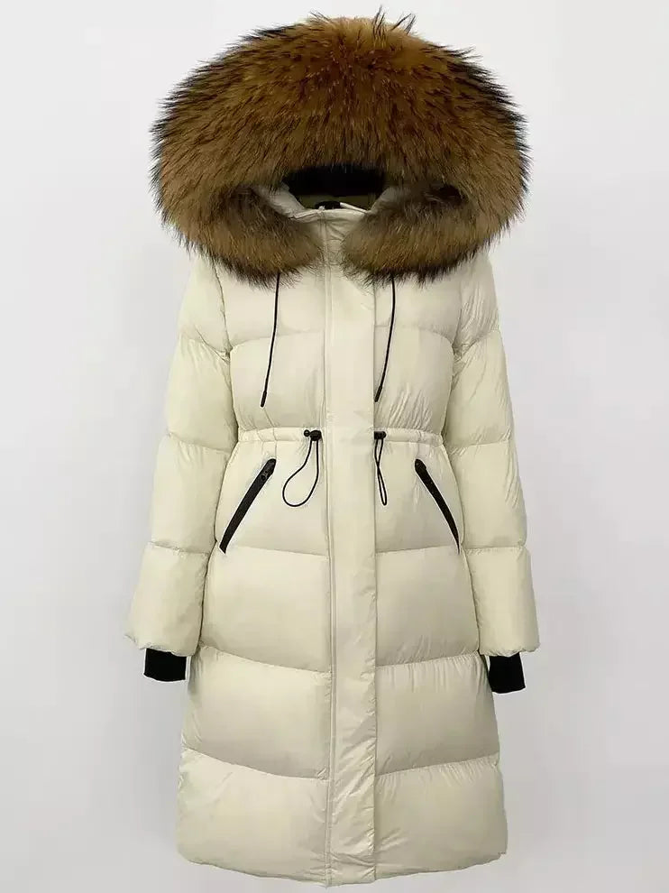 Drawstring Waist Long Down Coat in White with Natural Fur Hood