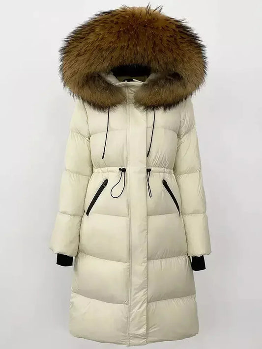 Drawstring Waist Long Down Coat in White with Natural Fur Hood