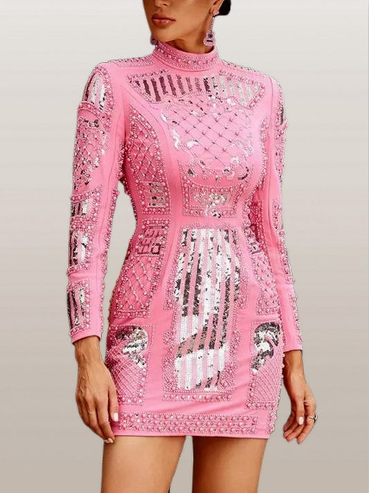 Cut-Out Fringed Halter-Neck Gown in Pink and White